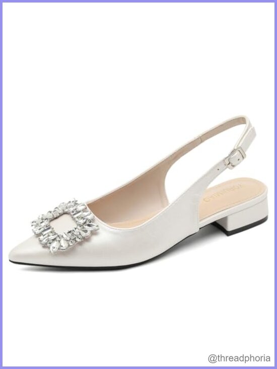 Shoes - Slingback Low Heel Pumps Pointed Toe Rhinestone Buckle Dress Shoes